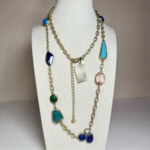 Chicos Necklace Gold Tone Chain Station Beads Faux Turquoise Lapis 36" New VTG